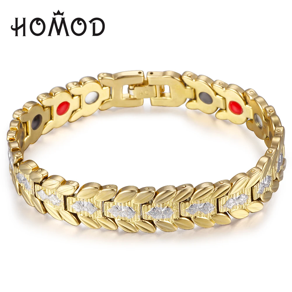 

HOMOD True Gold Color Leaf Magnet Health Bracelet For Men Fashion Jewelry Pulseras Hombre HQB1359219