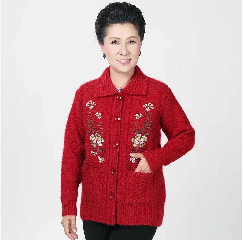 Женский кардиган большого размера, свитер с вышивкой для мамы 50-60 лет, вязаный свитер, пальто, Повседневный свитер для женщин, R844