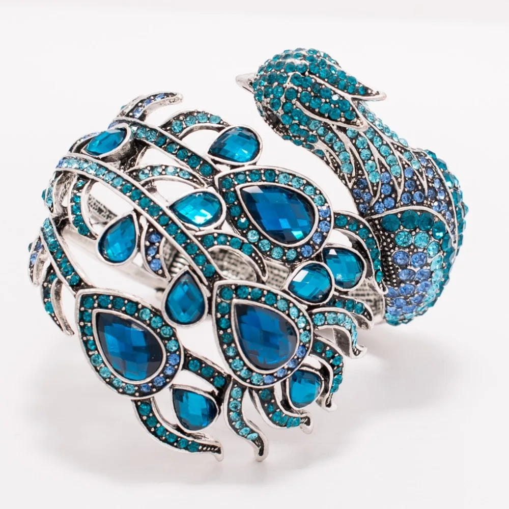 

Good Quality Rhinestone Crystal Multi Colors Peacock Big Bangles Bracelet Cuff for Women F066