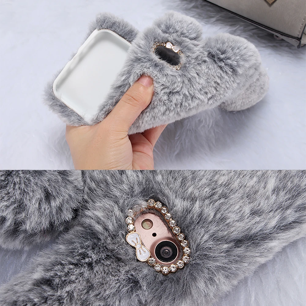 KIPX1033_9_For iPhone 7 8 Case 3D Rabbit Hairy Warm Winter Fur Bling Rhinestone Plush Bunny Cover Case for iPhone XS XR 5 5S SE 6S 7P 8 Plus