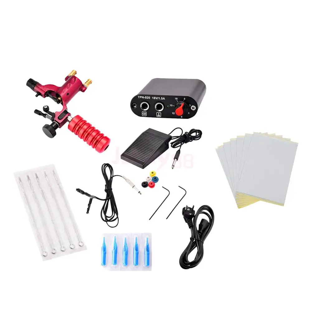 

Complete Tattoo Kit - Rotary Tattoo Machine Grips Power Supply Foot Pedal Switch Neddles Nozzles 10 Sheet Transfer Paper Set