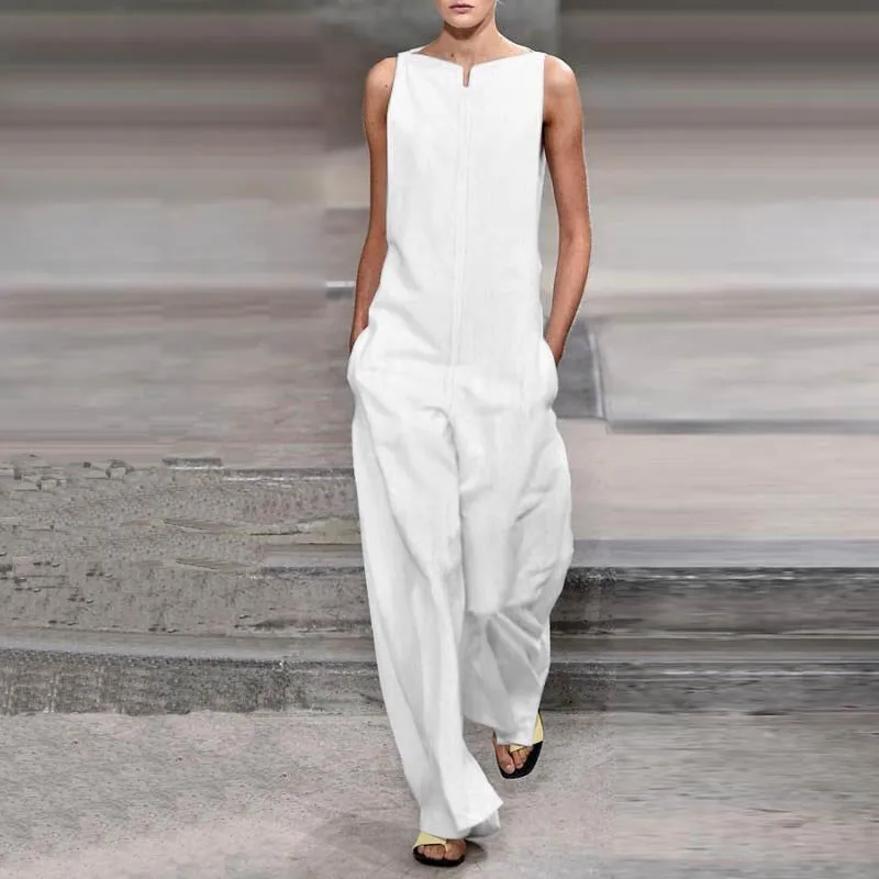 Lipswag, женский элегантный однотонный Свободный комбинезон, летний модный комбинезон без рукавов, комбинезон, женские комбинезоны с карманами - Цвет: White