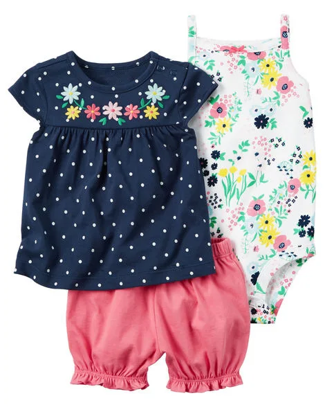 Комплект одежды из 3 предметов для маленьких девочек, хлопковая Повседневная футболка с короткими рукавами на весну и лето детская одежда, шорты новинка года