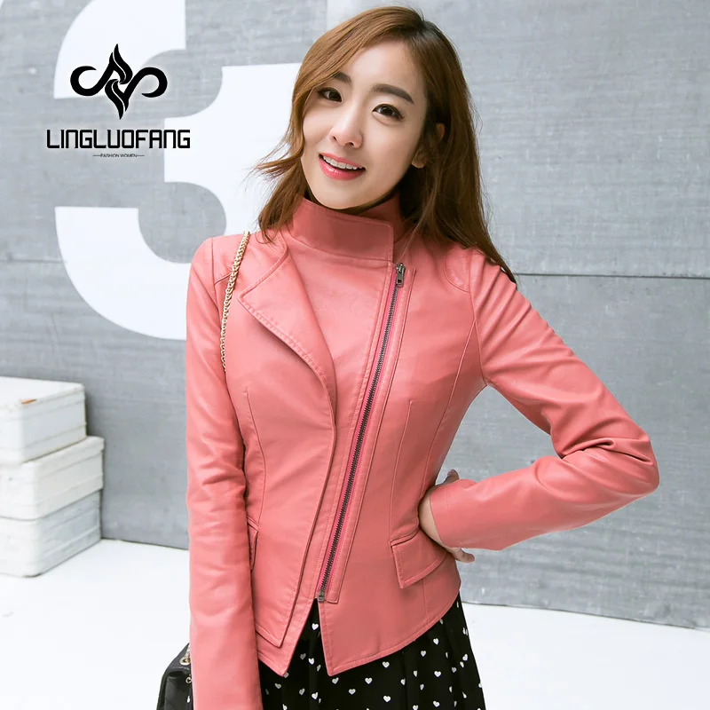 Кожаная женская куртка на весну и осень, Корейская тонкая куртка из искусственной кожи, черная, синяя мотоциклетная куртка для молодых девушек, размер S-4XL, 15H108 - Цвет: pink