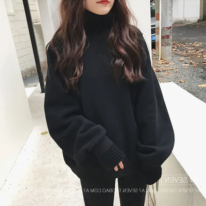 Толстовки Женские однотонные простые универсальные корейские стильные толстые теплые мягкие Kawaii женские пуловеры с высоким воротом для отдыха длинная одежда