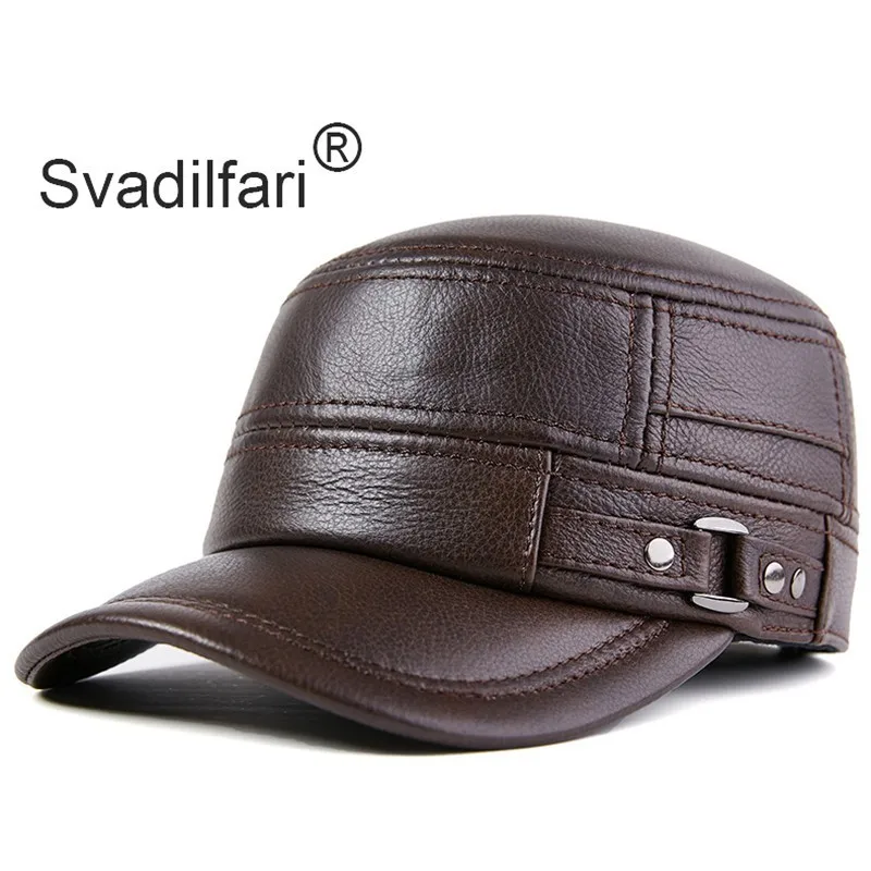 Billige Svadilfari Herbst Winter Erwachsene Männer Echtes Leder Warme Baseball Caps Rindsleder Flache Top Kappe Mittleren Alters Männer Marken Leder Hüte