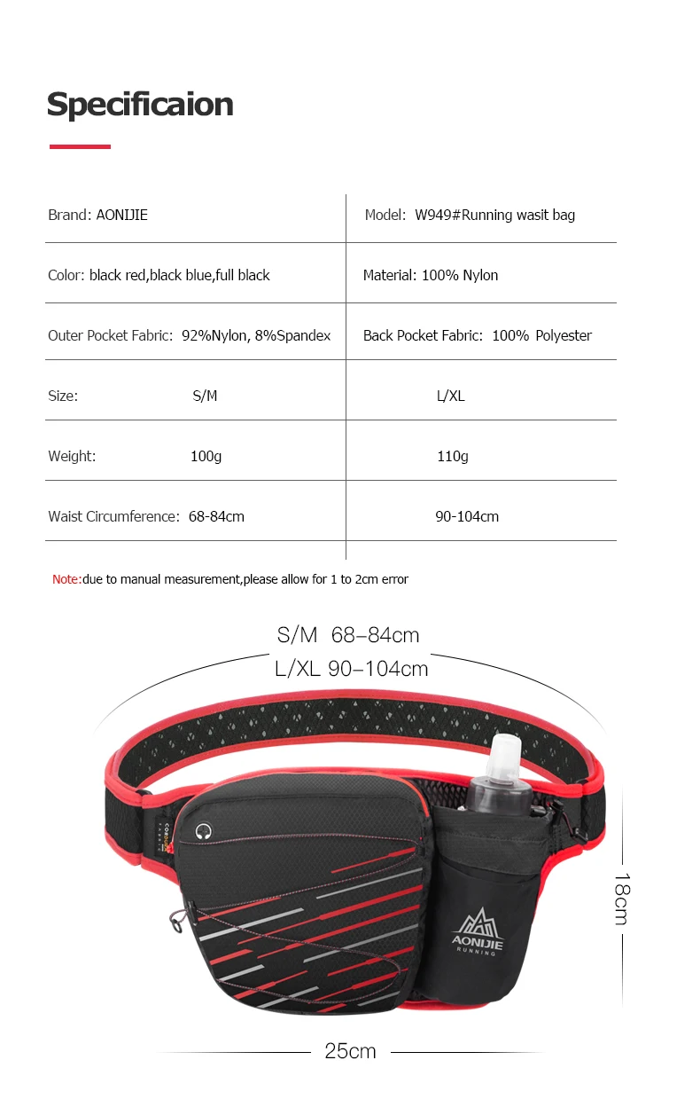 AONIJIE W949 Marathon Jogging Cycling Running Hydration Belt Waist Bag Pouch Fanny Pack Cell Phone Holder For 500ml Water Bottle