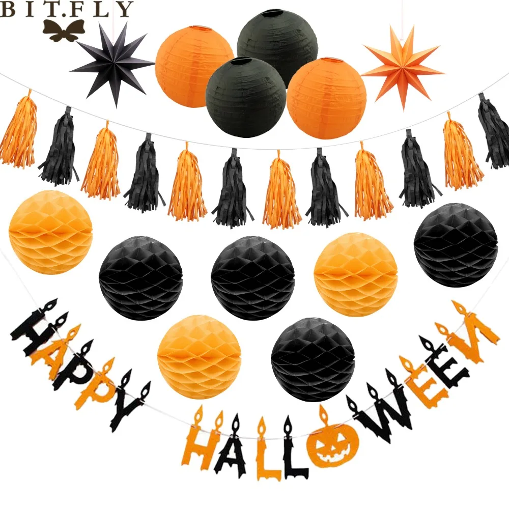 Halloween decoration paper lanterns,pull banners ,paper fan flowers,paper 3D starsand tassel for Party DIY decorations supplies