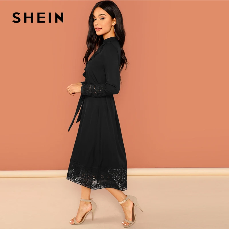 SHEIN Платье С Кружевной Отделкой И Поясом Женское Элегантное Кружевное Макси Платье