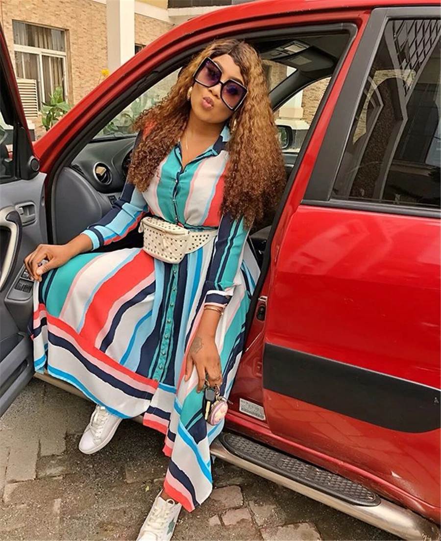 BAIBAZIN Hot Sale New Africa Europe and America Women's Dresses Long Stripe Shirt Dress Big Swing Skirt