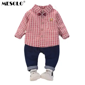 

MESOLO 2019 Korean Edition autumn new boy's lattice shirt 2 piece suit fashion pocket Xiao bear.