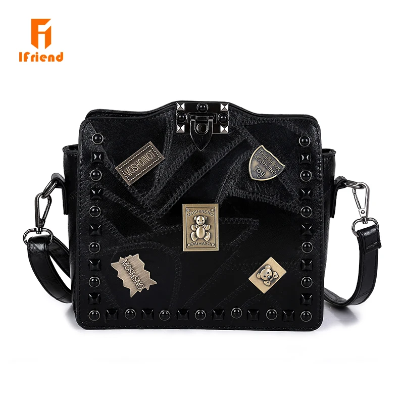 

Ifriend 2018 PU Leather Rivet Shoulder Bag Retro Emblem Women's Chain Strap Crossbody Messenger Bag Women bag