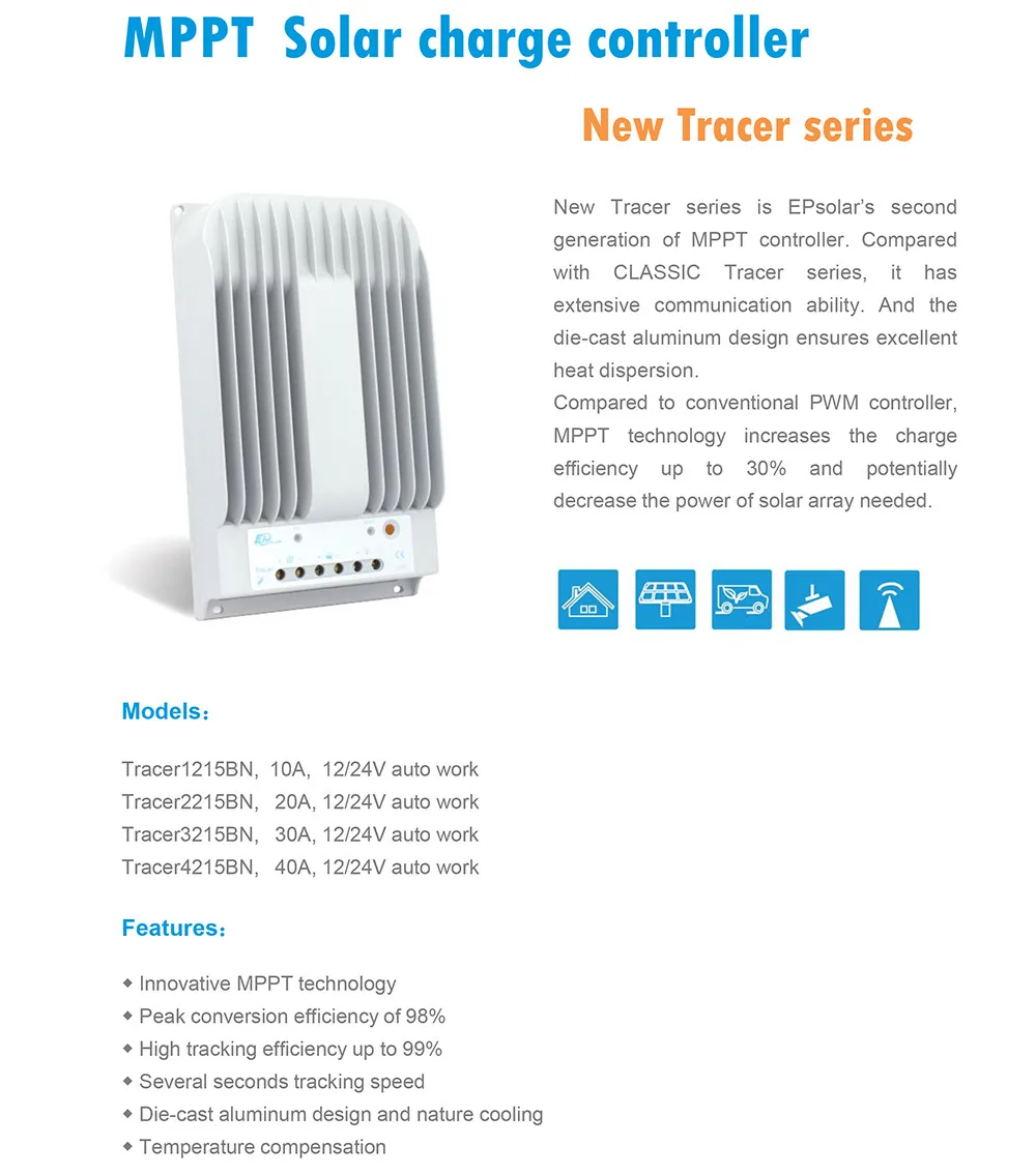 Solar da Eficiência Elevada de Epever Máxima do pv 24v do Controlador Tracer1215bn com Cor Mppt Epsolar Branca Mt50 Entrada 150v 10a 10amp 12v 2 High Quality Renovação da Casa