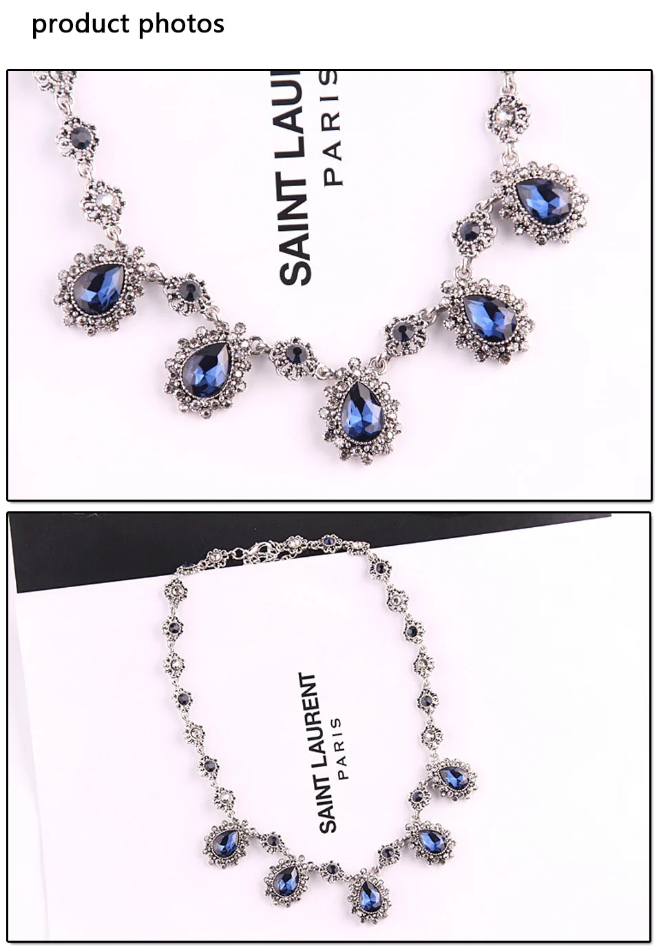 Женское модное ожерелье, ювелирное изделие, темно-синее, капля воды, кристалл, камень, винтажный стиль, античное серебро, цвет ниспадающее ожерелье на шею