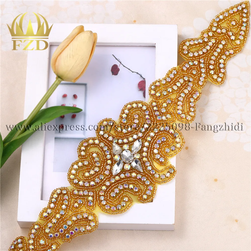 

(30pieces) Wholesale Handmade Hot Fix AB and Clear Rhinestones Gold Iron Sew On Bling Applique for Headbands Dresses Garters