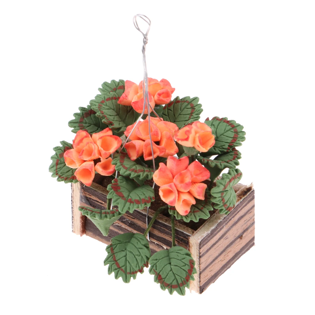 Miniature Hanging Flowers with Wooden Basket Flowerpot Basket Set for 12th Doll House Living Room Balcony Life Scenes Decoration