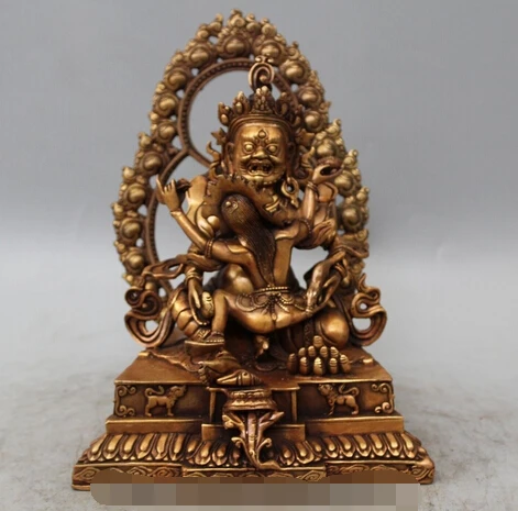 

10" China Tibet Yunnan Bronze Gild Artwork Mandkesvara Mahakala Buddha Statue