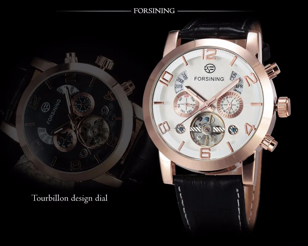 FORSINING Tourbillon, мужские часы, Топ бренд, Роскошные автоматические часы, золотой чехол, мужские часы с календарем, черные механические часы