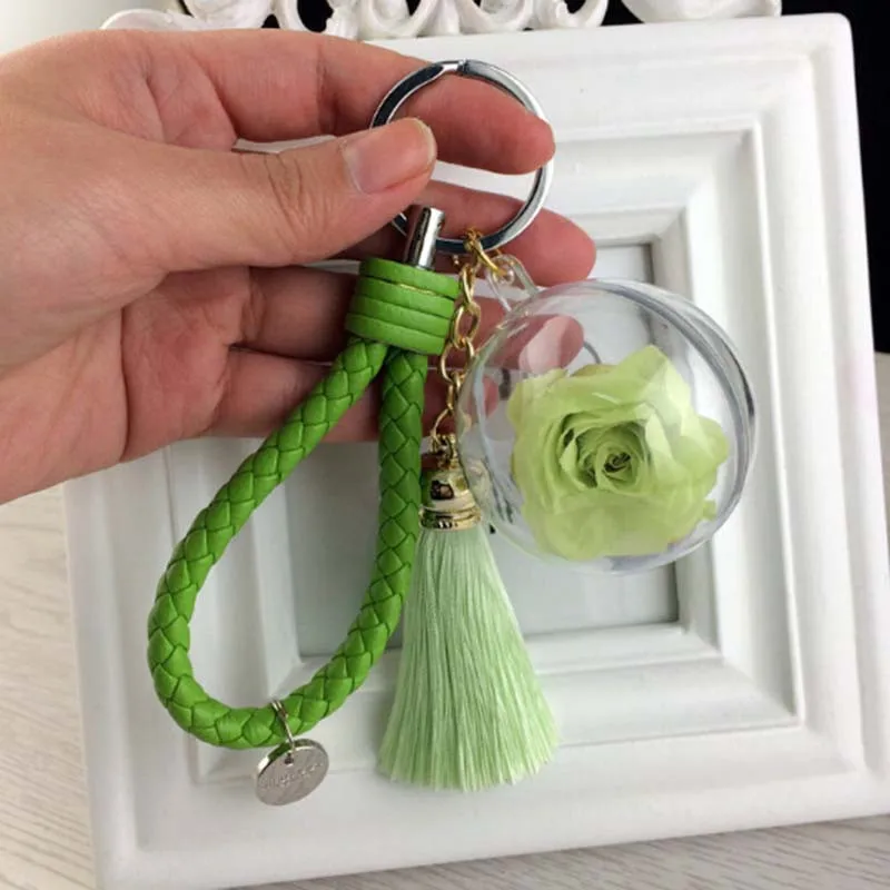 New 2018 Green Flower Key Chain Leather Tassel Keyring Key Ring Silk