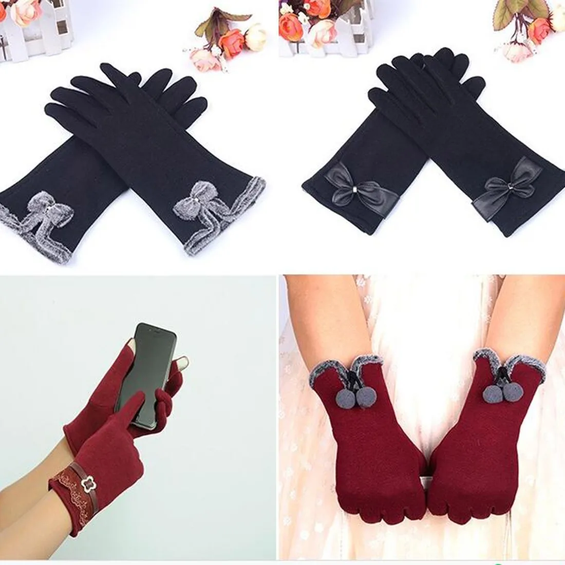 Лидер продаж модные женские туфли перчатки осень-зима с милым бантом теплая грелка рукавицы Полный Finger варежки Для женщин кашемир женские перчатки