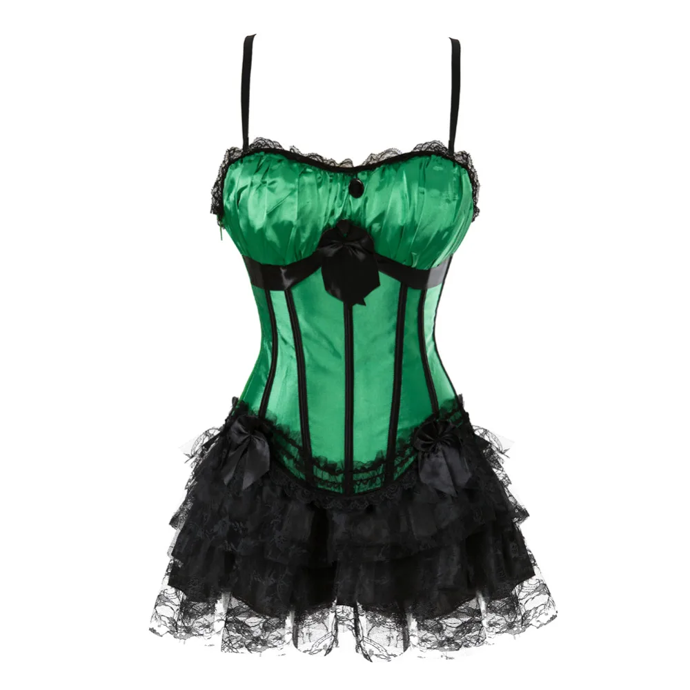 Women's sexy cup corset with straps green satin Bustier and black/green