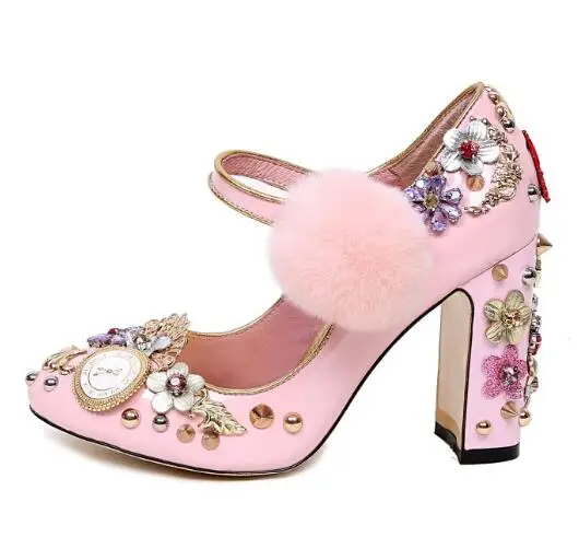 

Fashion pink leather Mary Janes shoes bling bling crystal embellished thick heels pumps for woman ankle strap pom pom heels