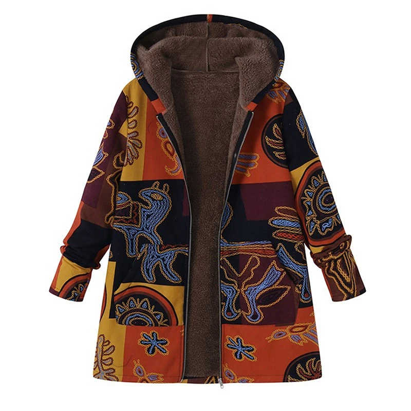 

Bigsweety Winter Coat Women Cotton Padded Outwear Ladies Plus Velvet Long Sleeve Hooded Thick Jacket Female Vintage Print Parkas