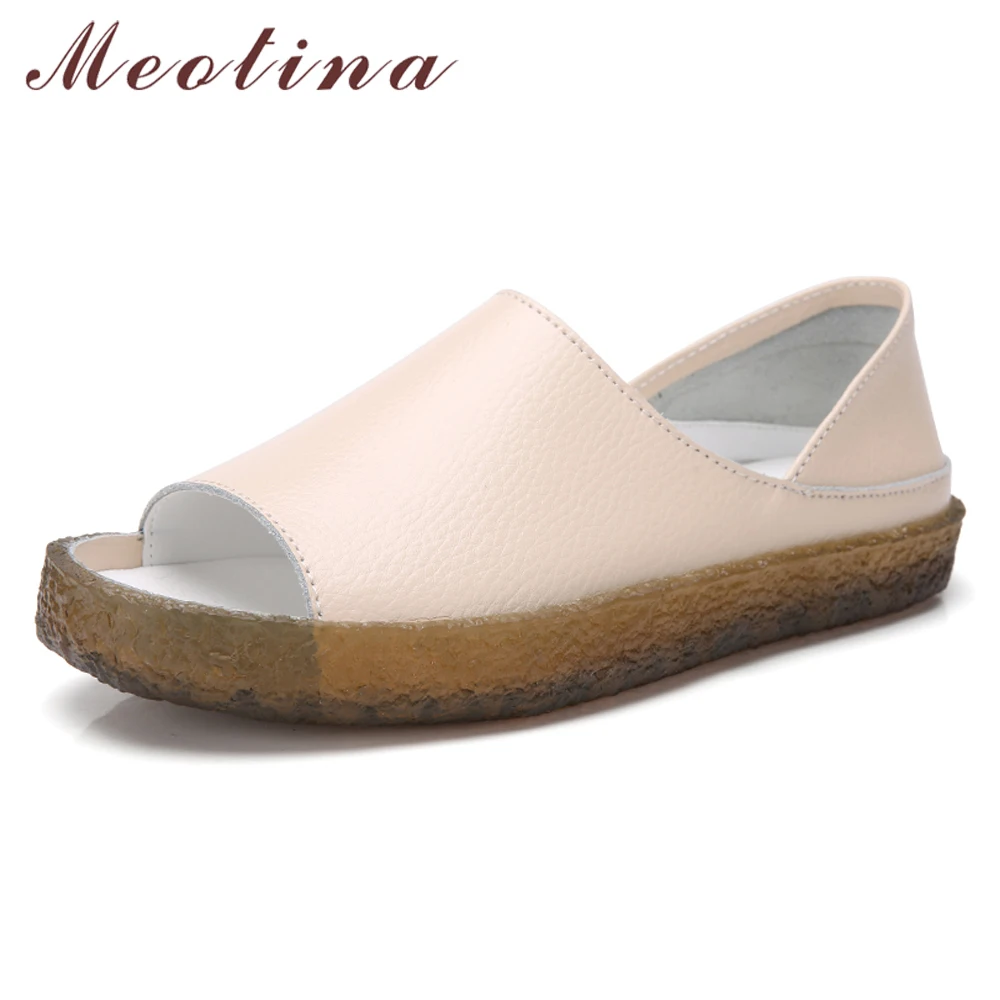 

Meotina Women Shoes Summer Flats Cow Leather Flat Casual Shoes Open Toe Fashion Shoes Lady Creepers White Gray Large Size 35-44