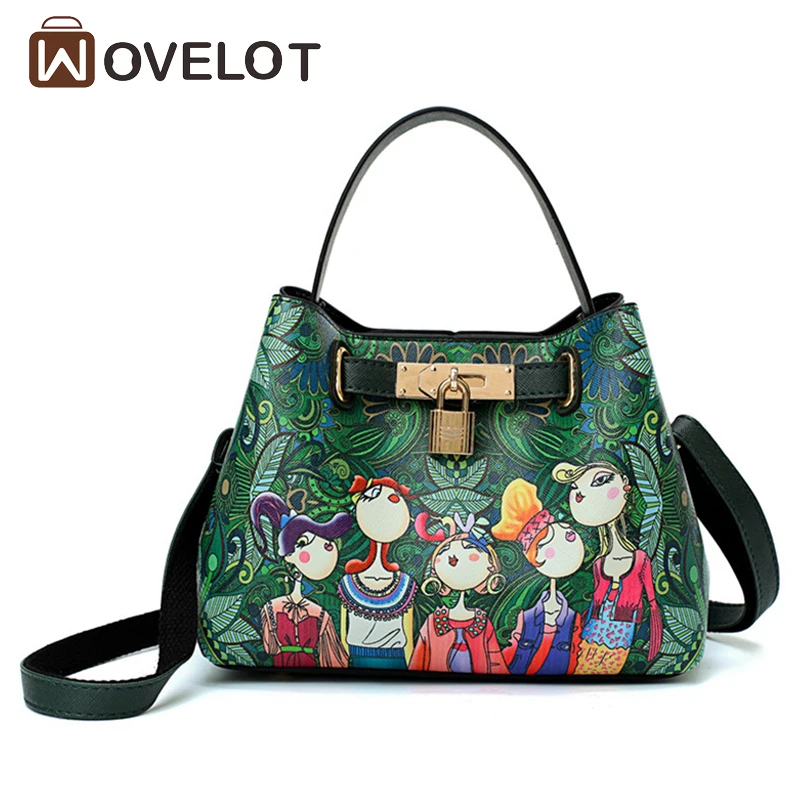 

Famous Brand Women Leather Shoulder Bags Green Forest Printing Cross body Bags New Designer Lady Hand bag with Lock Function