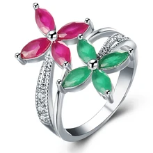 Trendy Double Color Synthetic crystal Big Flower Silver Color Geometric Finger ring For Women Luxury Engagement Jewelry Ague