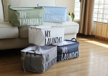 

White Blue Waterproof Clothes Laundry Basket Box with Hanlde Drawstring Foldable Cotton Linen Sundries Toys Socks Storage Holder