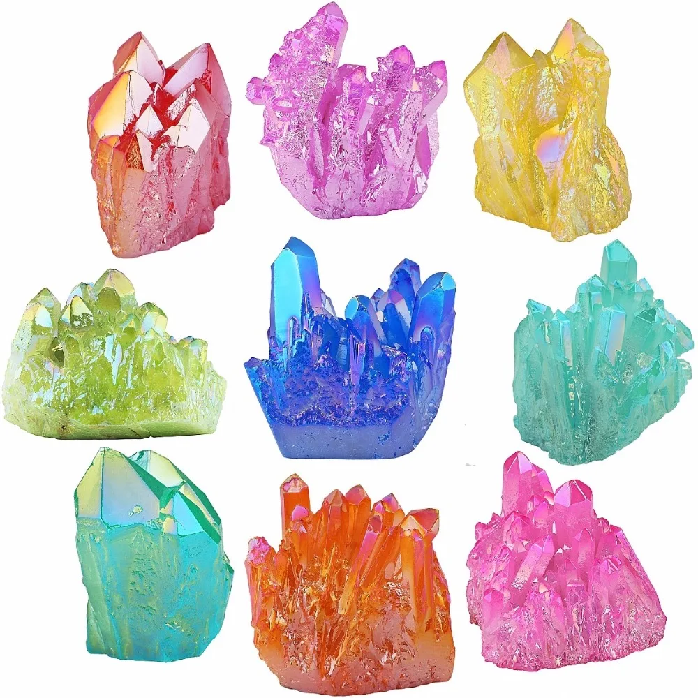 

TUMBEELLUWA Natural Crystal Titanium Coated Aura Quartz Cluster Geode Druzy Home Decoration Gem stone Specimen