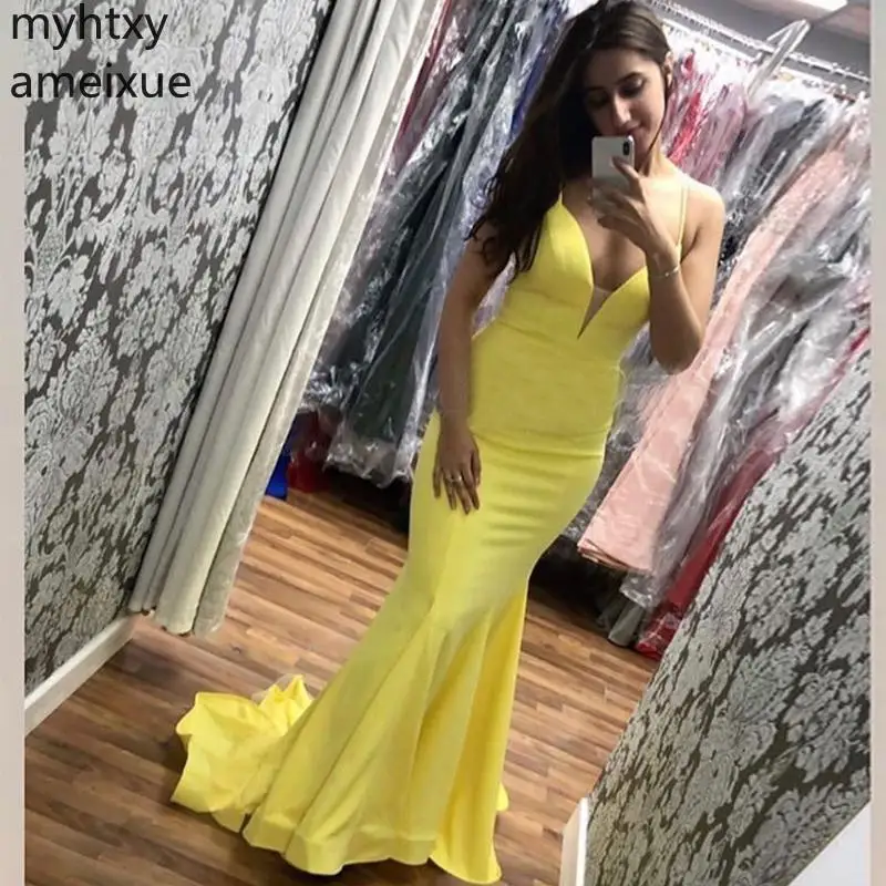 

Custom Event Long Mermaid Yellow Prom Dresses Spaghetti Straps Simple Satin Formal Sexy Robe De Soiree Wedding Party Sweep Train