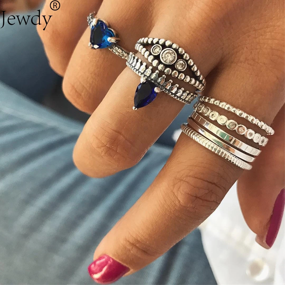Набор колец с кристаллами Jewdy blue heart для женщин серебряная в стиле бохо набор миди