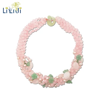 

Lii Ji Gemstone Natural Rose Quartz,Green Aventurine Flowers,Freshwater Pearl 5-Rows Necklace 50cm Statement Necklace for Women
