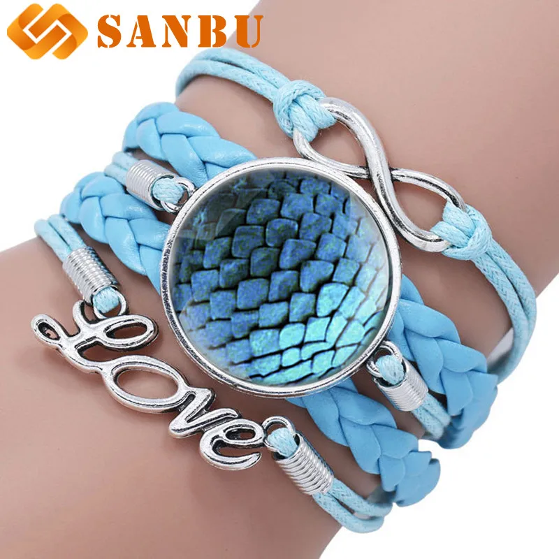 

Fashion Blue Scales Dragon Glass Cabochon Weave Bracelet Charm Men Women Leather Bangle