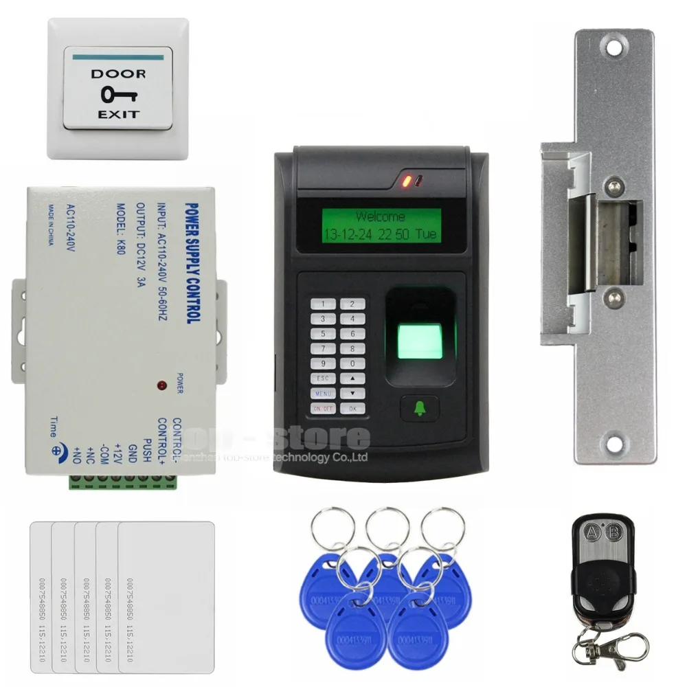 

DIYSECUR Remote Control 125KHz RFID LCD Fingerprint Keypad ID Card Reader Access Control System Kit + Electric Strike Lock