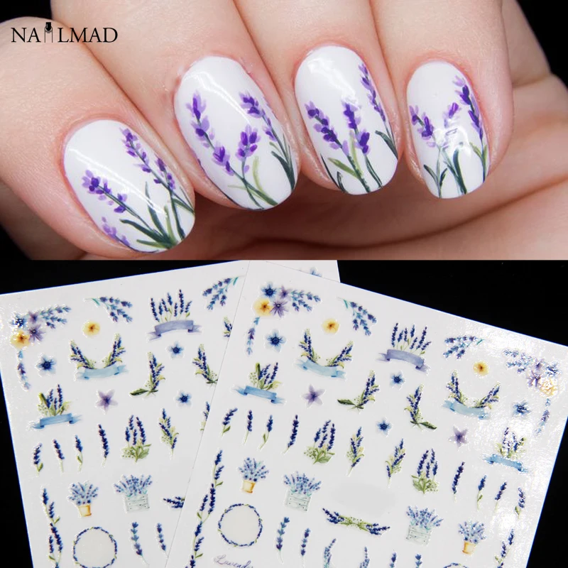1 лист ногтей Mad Лаванда Blossom ногтей Наклейки сухих цветов Дизайн ногтей Клей 3D Наклейки