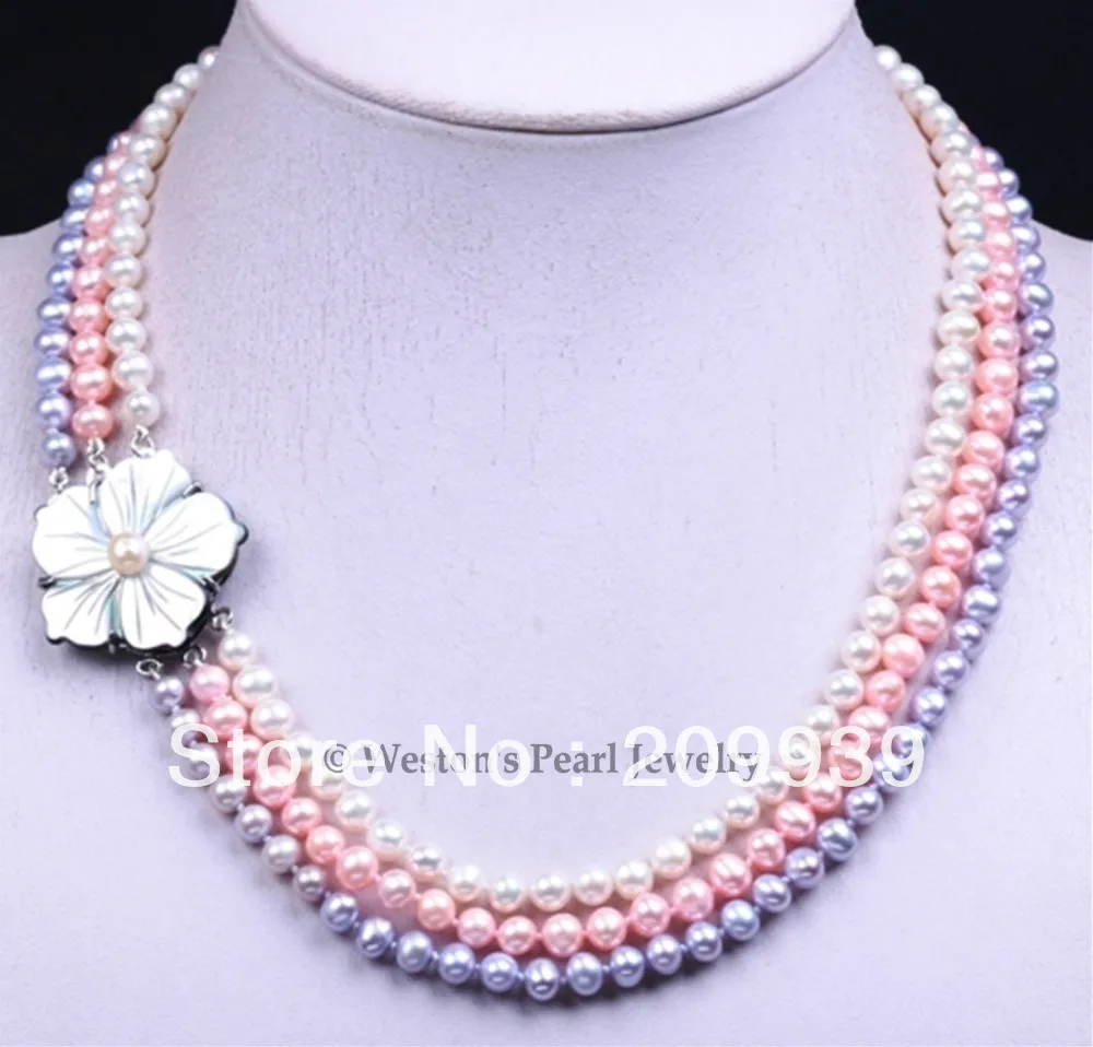 

huij 001886 3 ROWS 5-6MM 17.5" CULTURED FRESHWATER PEARL CHOKER NECKLACE FLOWER SHELL CLASP