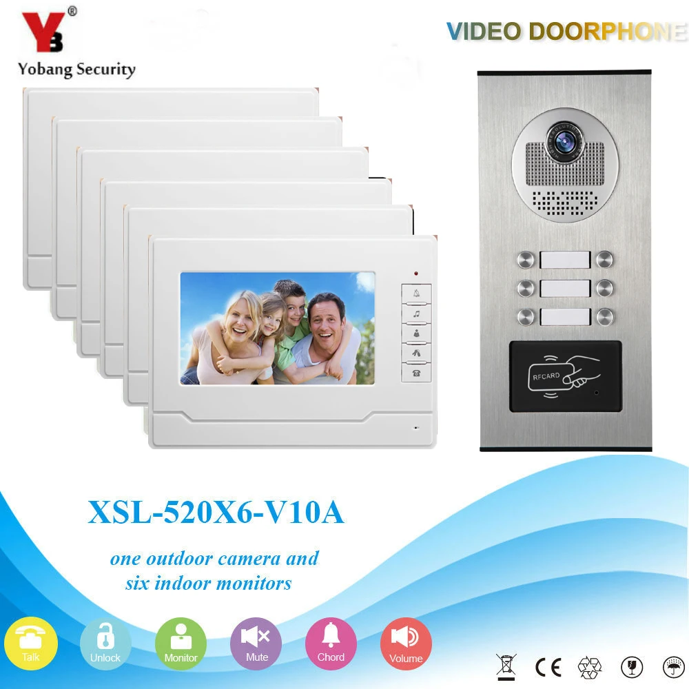 Видеодомофон YobangSecurity 6 устройств RFID 7 дюймов проводной домофон дверной звонок