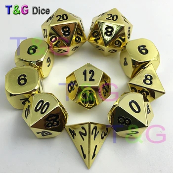 

10pcs/set Golden Color Metal Dice D4 3xD6 D8 D10 D12 2xD20 with Iron Box Polyhedral Digital for Rpg Game