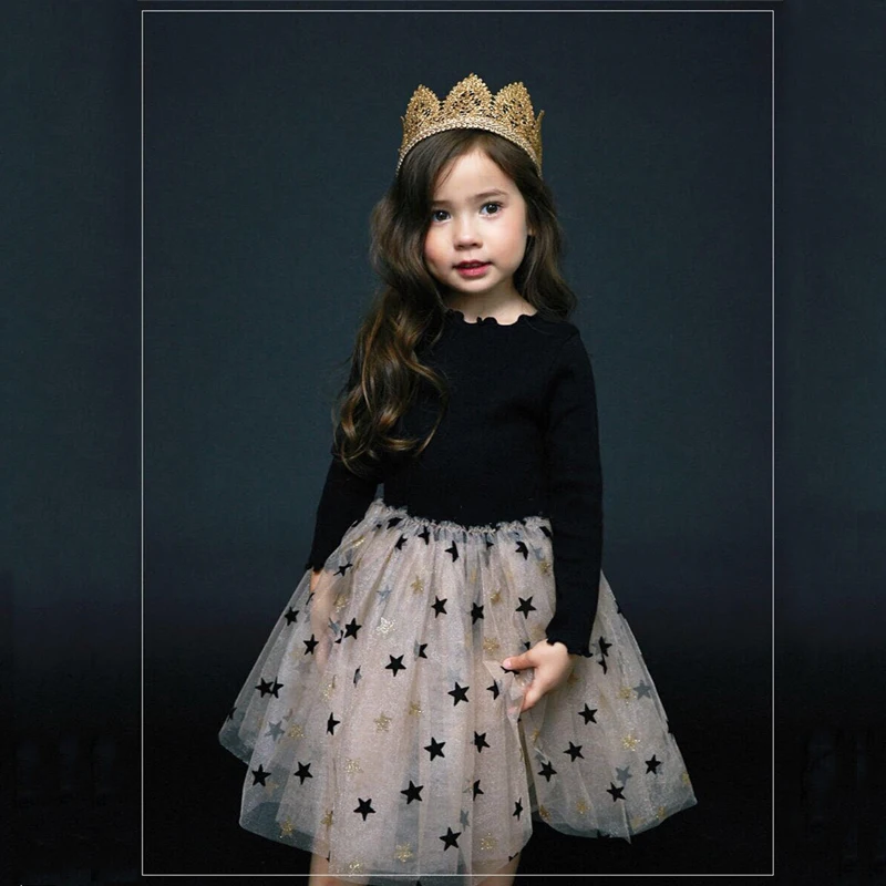5B&N Princess Long Sleeve Baby Girl Dress Knitted Baby Girl Clothes Tutu Ball Gown Party Dresses with Stars Baby Kid Girl clothes
