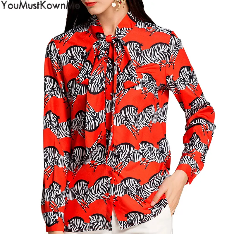 YouMustKnowMe women long sleeve shirts zebra print bow red blouses plus