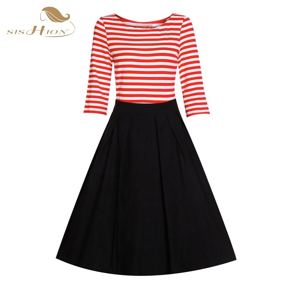 SISHION Black Red 50s 60s Retro Vintage Dress Plus Size Summer Casual