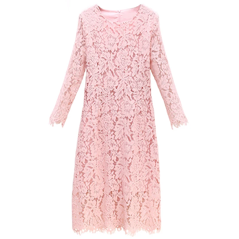 

2017 Autumn Women Black Pink Sky Blue White Colors Casual O-neck Knee Length Lace Dress Elegant Dress Female