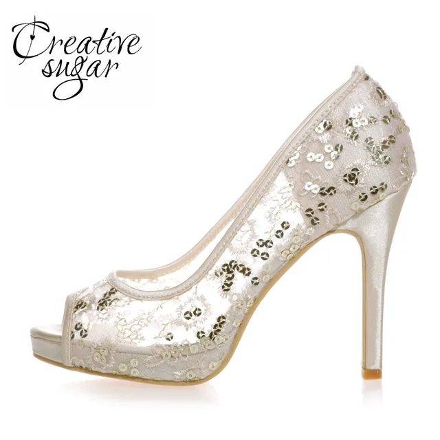 Creativesugar See Through Mesh Sequins Open Toe Woman Pumps Wedding Creativesugar See Through Mesh Sequins Open Toe Woman Pumps Wedding Party Prom Tail Sky Blue Hotpink