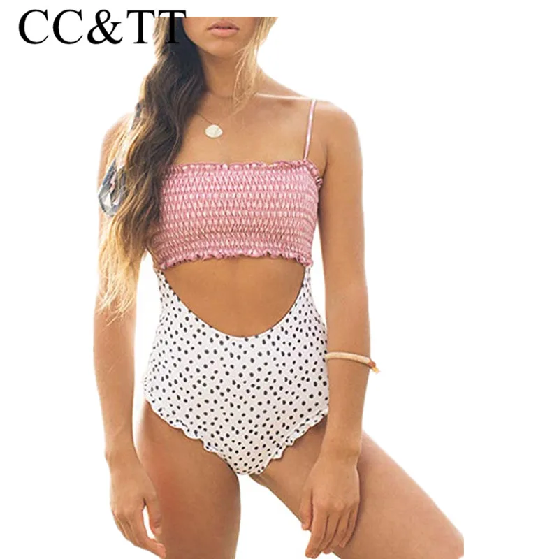 

CC&TT Womens Sexy Straps Smocked Bandeau Top High Waisted Cut Out One Piece Swimsuit