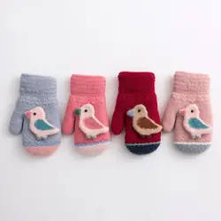 Полный палец вязаные перчатки с птицей узор теплые детские варежки для 1-4 лет девочка мальчик зимние перчатки для улицы дети