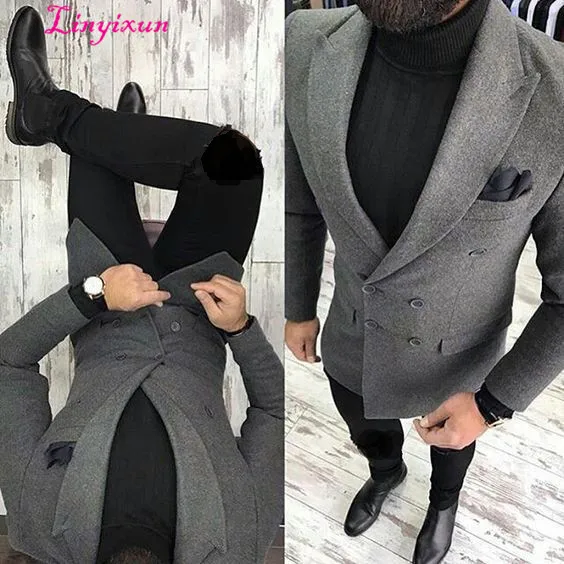 

Linyixun Latest Coat Pant Designs Grey Tweed Men Jacket Slim Fit Double Breasted Blazer Custom Groom Fashion Prom Suits Terno