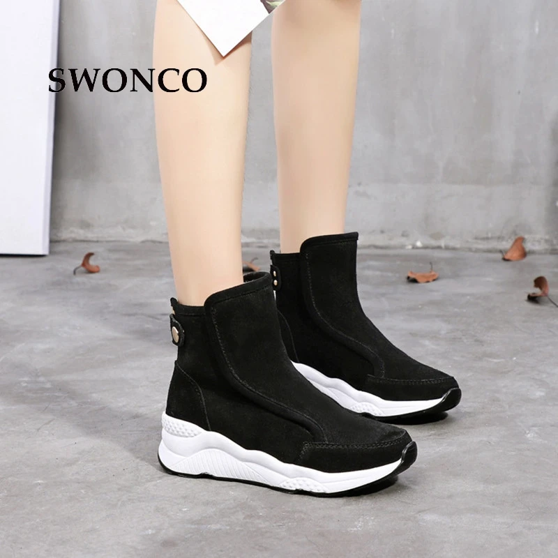 

SWONCO Women's Winter Boots Genuine Leather Warm Plush High Heels Boot Black Ankle Boots For Women Winter Shoes Girl Ankle Boot
